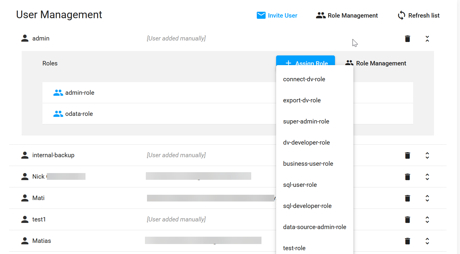Screenshot of the CData Virtuality Web UI showing User Management with the Assign Role dropdown open for the admin user, displaying available roles such as connect-dv-role, export-dv-role, super-admin-role, sql-user-role, and data-source-admin-role.