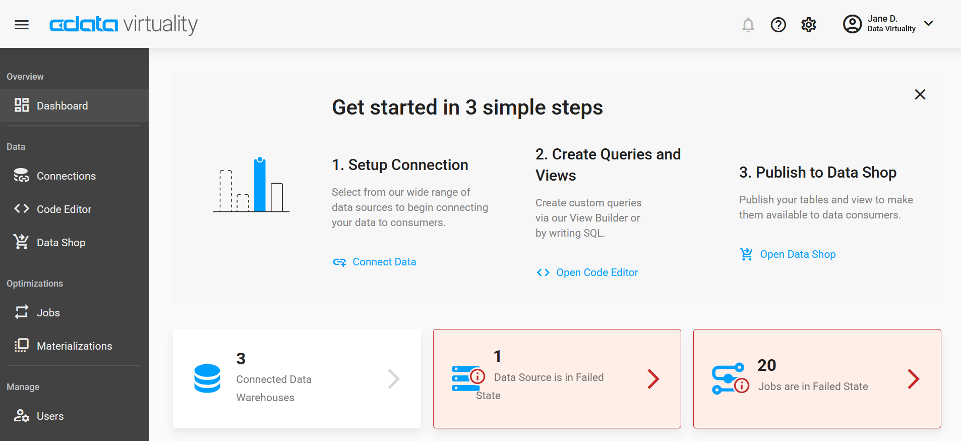 Screenshot of the CData Virtuality Web UI Dashboard showing a three-step getting started guide, along with status cards indicating connected data warehouses and error alerts for one failed data source and twenty failed jobs.