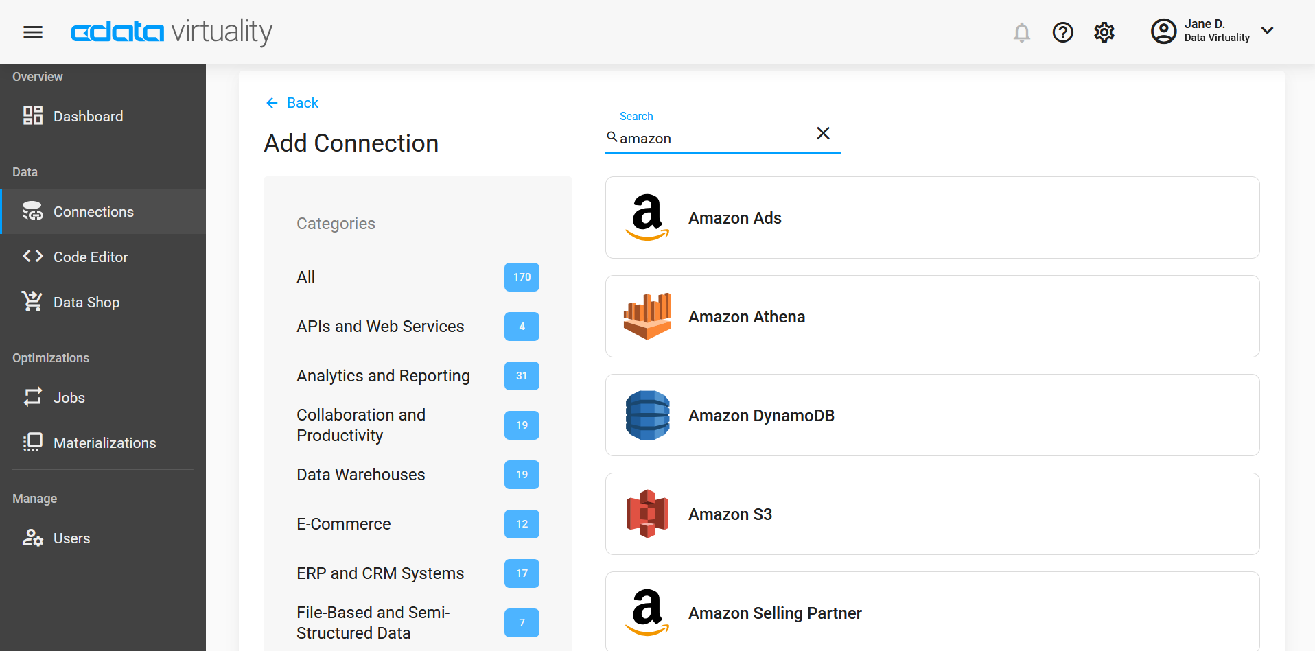 Screenshot of the CData Virtuality Web UI showing the Add Connection page with a search for 'amazon', displaying Amazon Ads, Amazon Athena, Amazon DynamoDB, Amazon S3, and Amazon Selling Partner as available connectors.