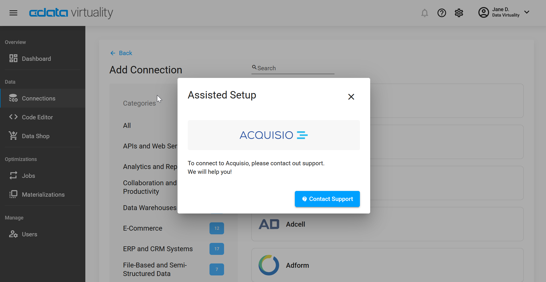 Screenshot of the CData Virtuality Web UI showing an Assisted Setup pop-up for the Acquisio connector, prompting the user to contact support for help with connecting.