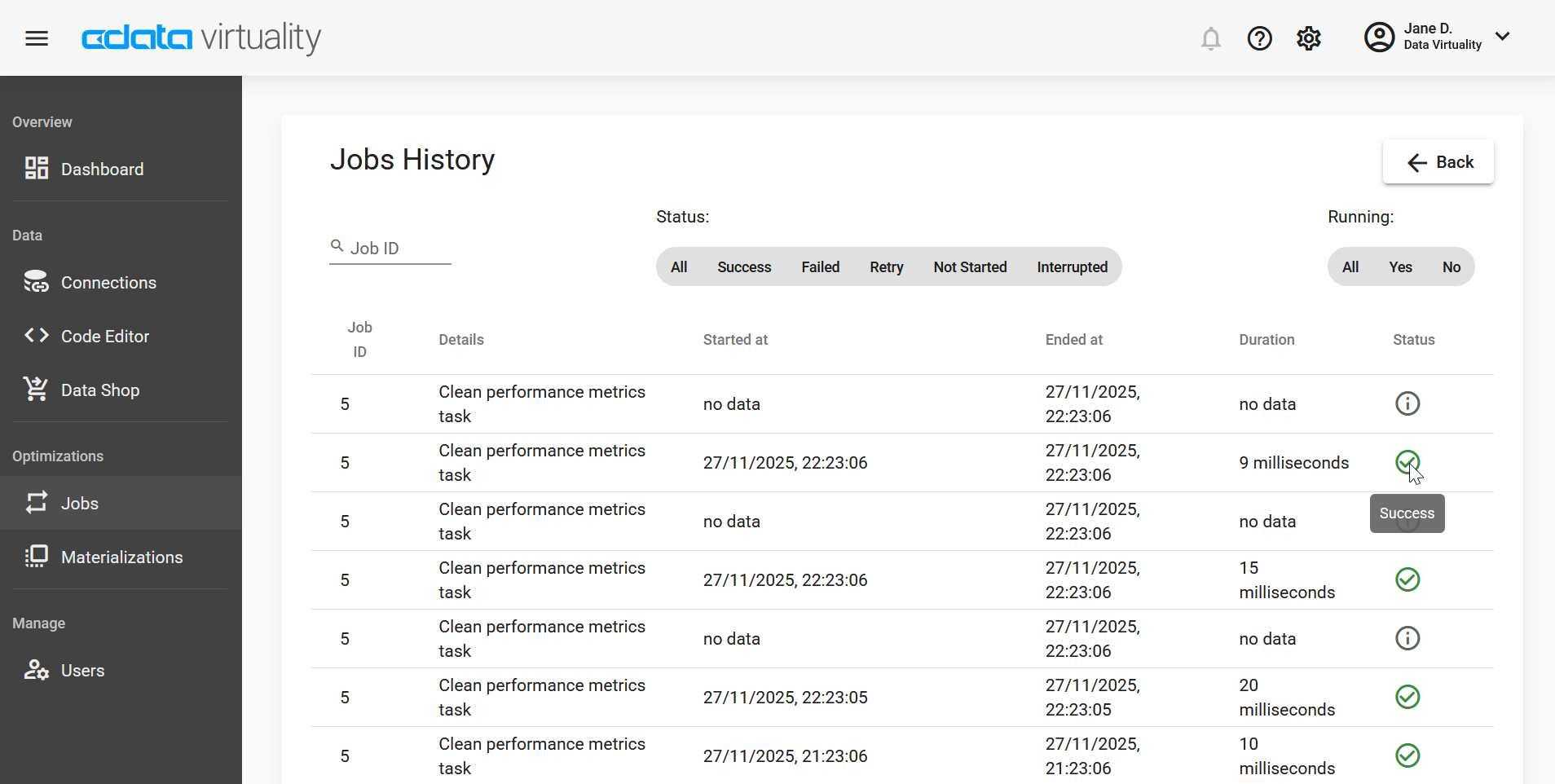 Screenshot of the CData Virtuality Web UI showing the Jobs History page, listing past runs of a job with details such as start and end times, duration, and status indicators for successful and incomplete executions.