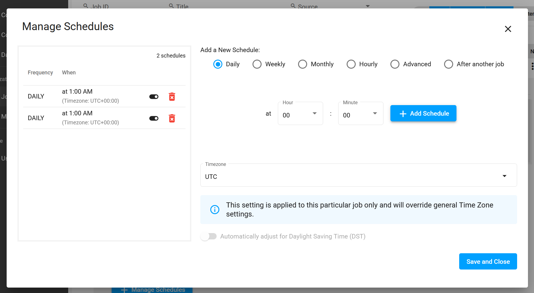 Screenshot of the CData Virtuality Web UI showing the Manage Schedules pop-up, listing existing daily schedules and providing options to add new schedules with frequency, time, and timezone settings before saving.
