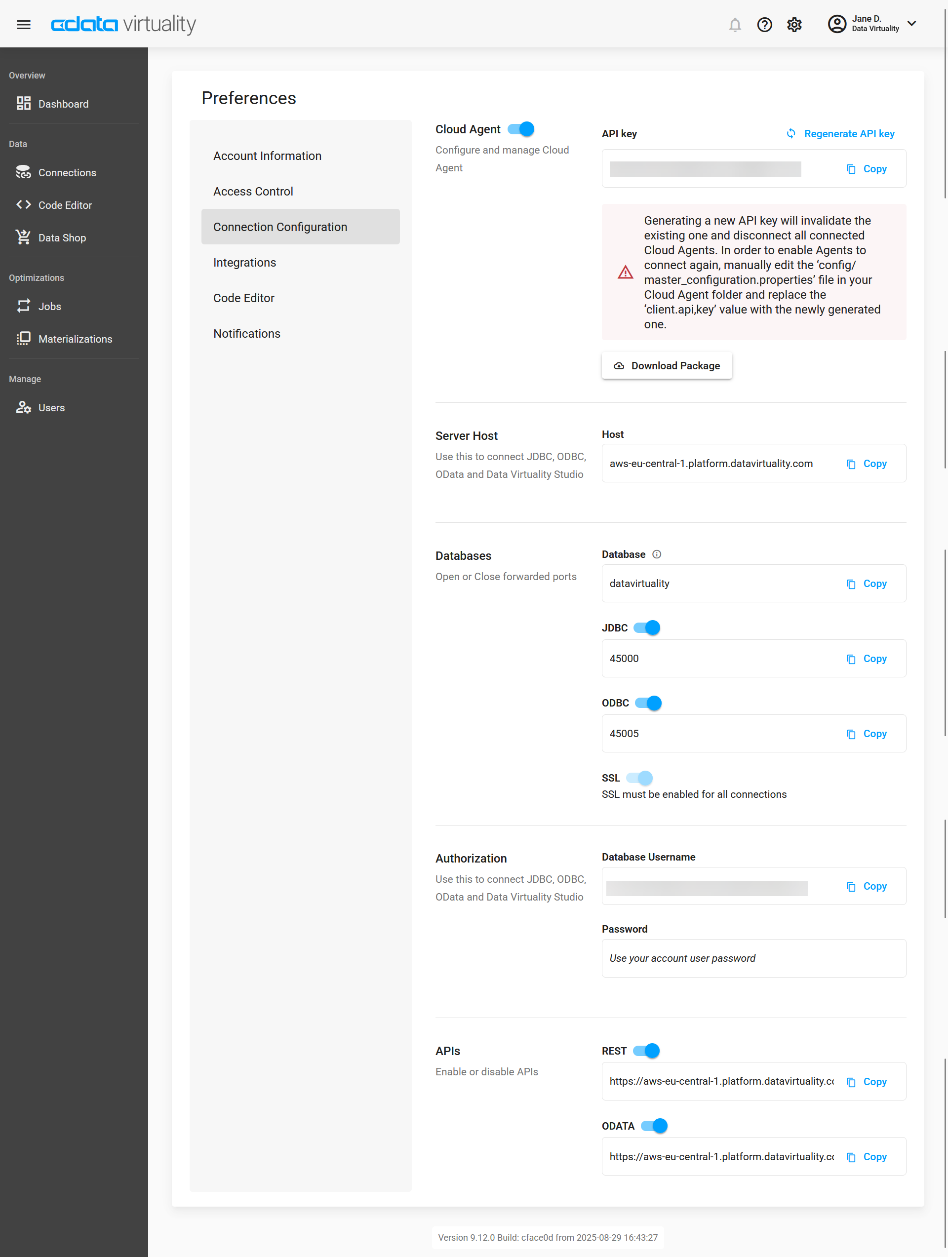 CData Virtuality Web UI Preferences page showing Connection Configuration settings, including Cloud Agent controls, API key with regenerate and copy options, server host details, forwarded JDBC and ODBC ports, SSL enabled, database username field, and toggles for REST and OData API endpoints.