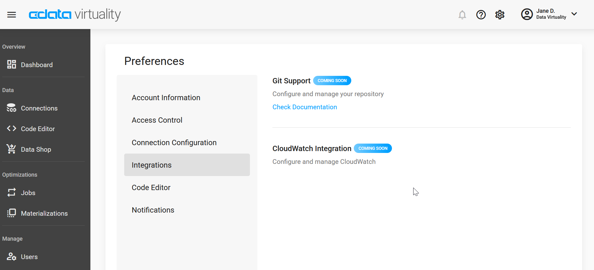 CData Virtuality Web UI Preferences page showing Integrations with Git Support and CloudWatch Integration marked as coming soon.