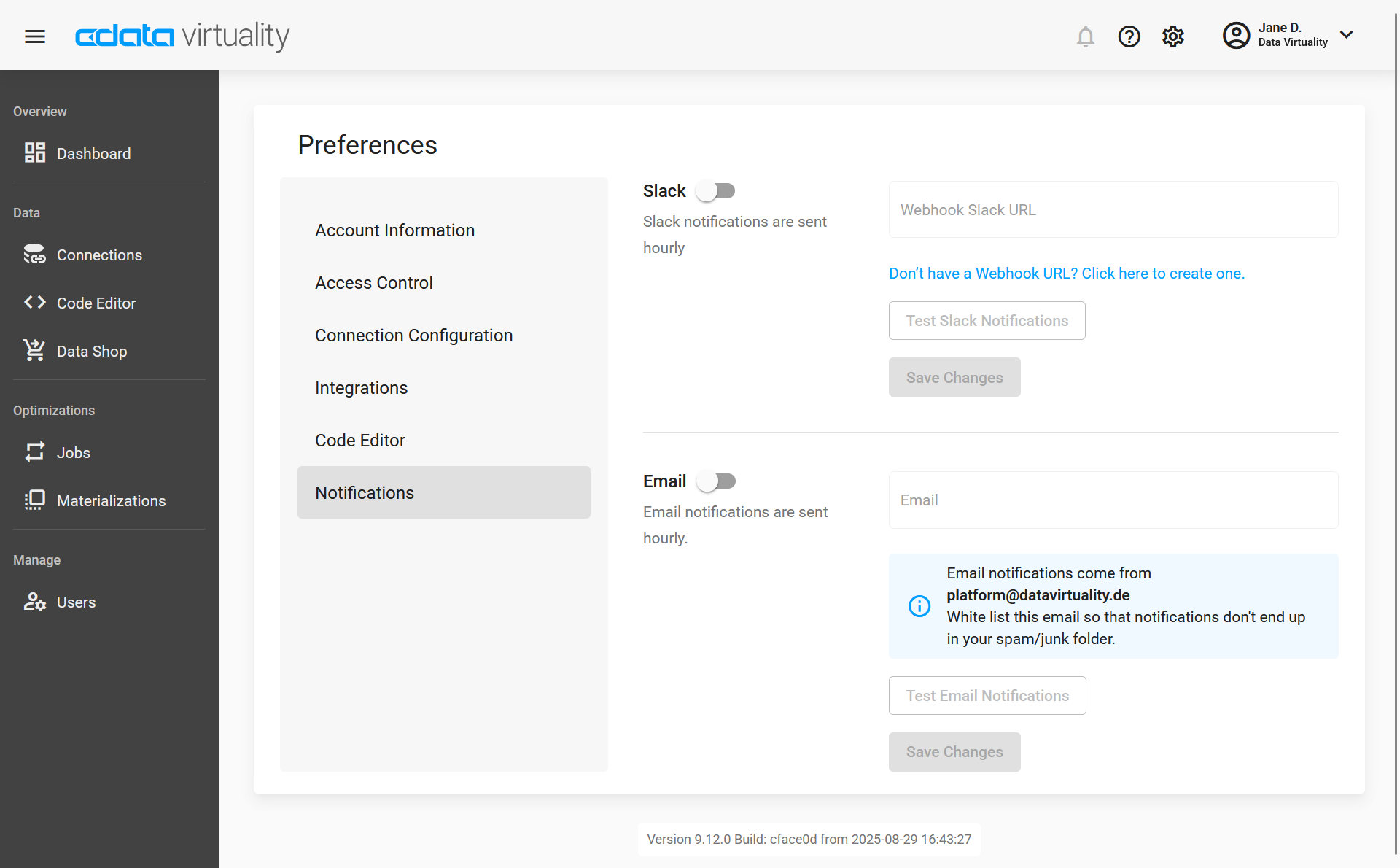 Screenshot of the CData Virtuality Web UI showing the Preferences page with the Notifications section selected, indicating that email notifications are sent from platform(at)datavirtuality.de and recommending whitelisting this address to prevent messages from being marked as spam.