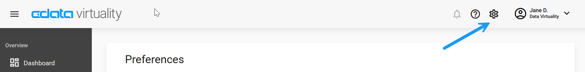 Screenshot of the CData Virtuality Web UI header showing the Preferences page, with a blue arrow pointing to the settings gear icon in the top-right navigation bar.