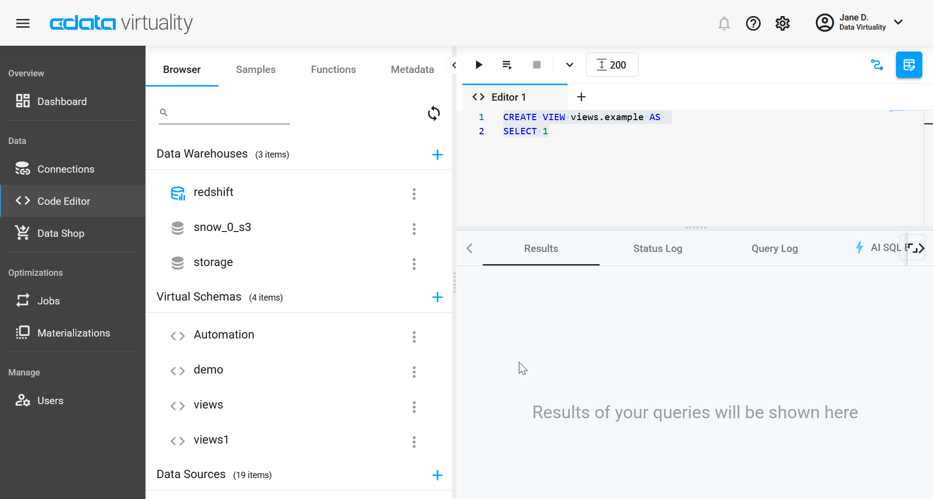 Screenshot of the CData Virtuality Web UI showing the Code Editor with a SQL view definition, alongside the Browser panel listing data warehouses, virtual schemas, and data sources.