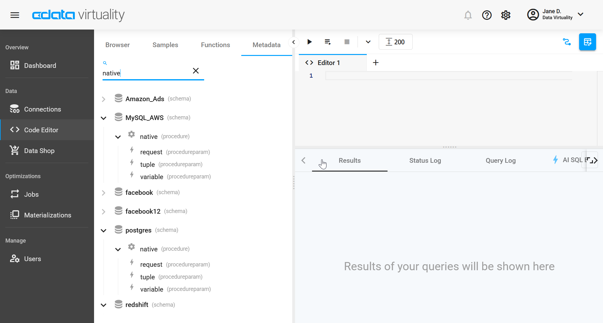 Screenshot of the CData Virtuality Web UI showing the Code Editor alongside the Metadata tab, with a search for 'native' displaying schemas like MySQL_AWS, postgres, and redshift with their native procedures and parameters.