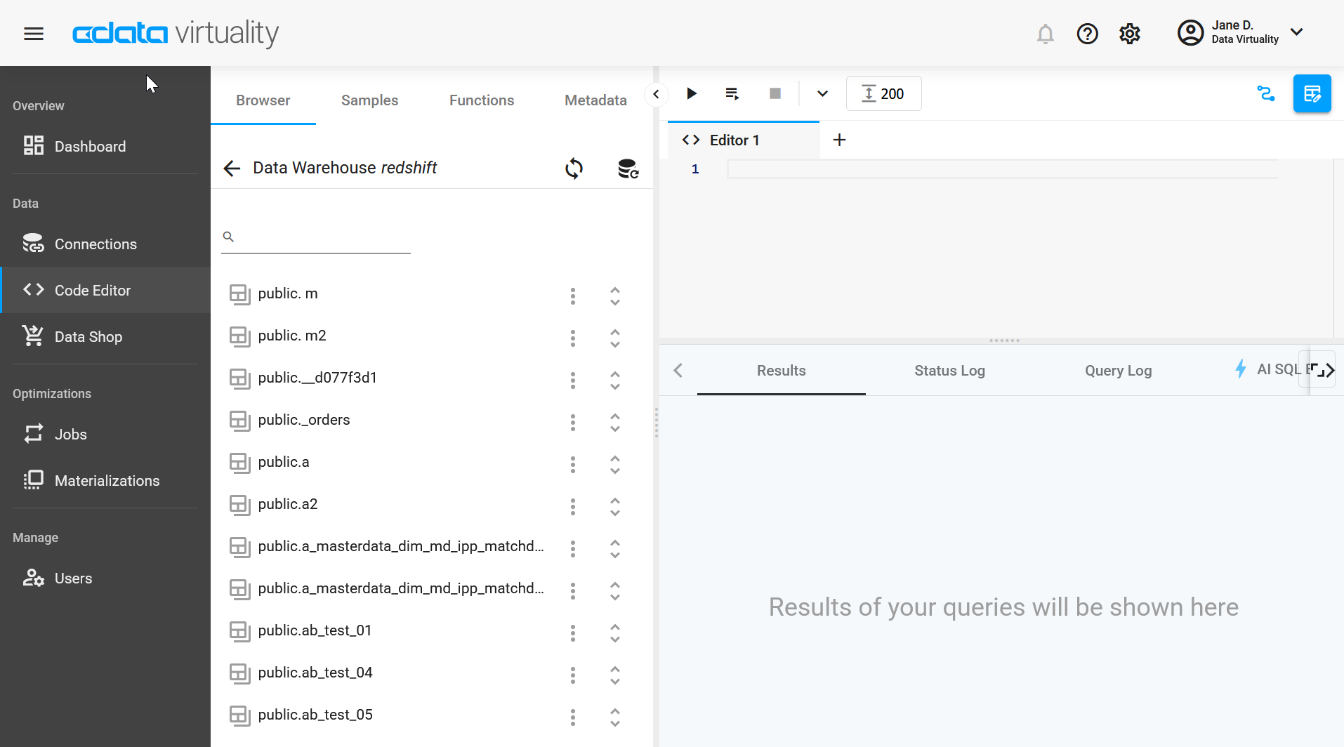 Screenshot of the CData Virtuality Web UI Code Editor showing the Browser panel opened on the Redshift data warehouse, listing schemas and tables under the public schema, with the SQL editor and results panel visible on the right.