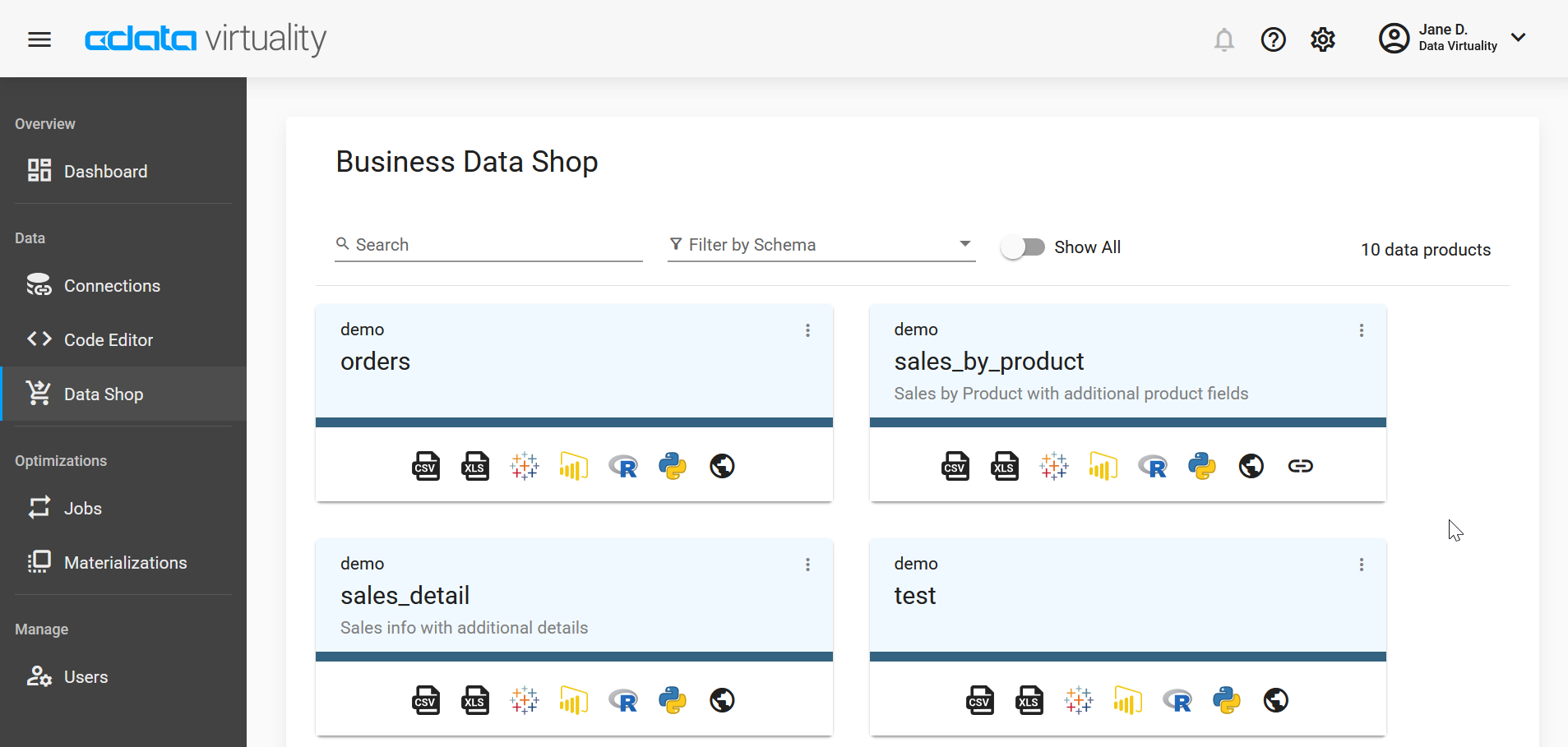 Screenshot of the CData Virtuality Web UI showing the Business Data Shop with data products such as orders, sales_by_product, sales_detail, and test, each displaying export options and analytics tool integrations.