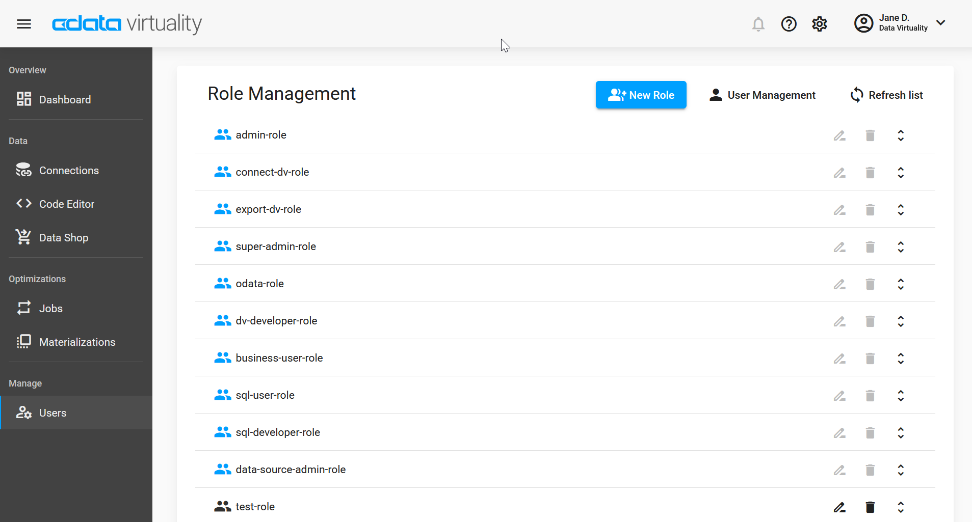 Screenshot of the CData Virtuality Web UI showing the Role Management page, listing roles such as admin-role, connect-dv-role, super-admin-role, and sql-user-role, with options to create new roles, edit existing ones, or delete them.