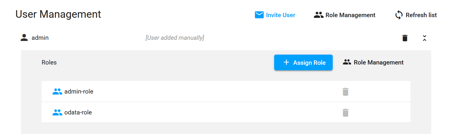 Screenshot of the CData Virtuality Web UI showing an expanded User Management view for the admin user, listing assigned roles such as admin-role and odata-role with options to assign or remove roles.