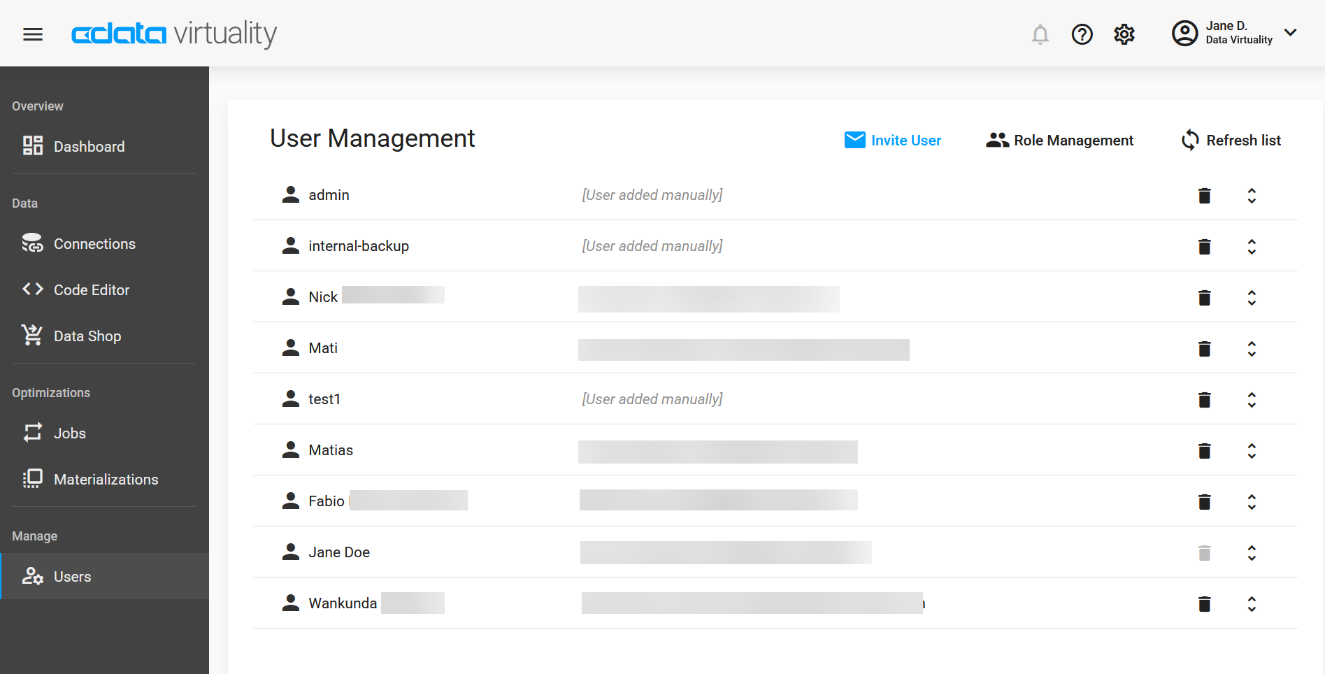 Screenshot of the CData Virtuality Web UI showing the User Management page, listing users with options to invite new users, manage roles, refresh the list, and delete individual user accounts.