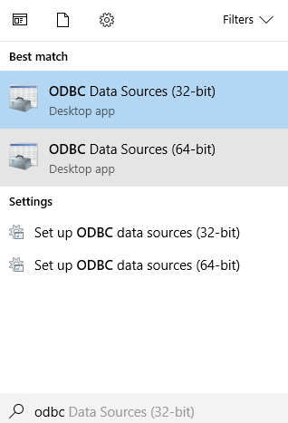 Windows Start menu search results showing ODBC Data Sources (32-bit) and ODBC Data Sources (64-bit).