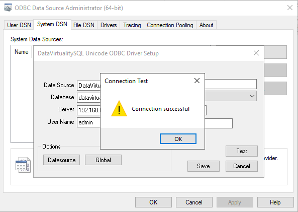 Connection Test dialog in the ODBC Data Source Administrator confirming a successful connection.