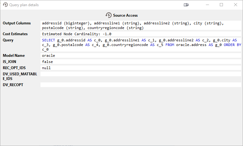 Screenshot showing Source Access query plan details with output columns cost estimates model name oracle join set to false and query selecting address fields from an oracle source