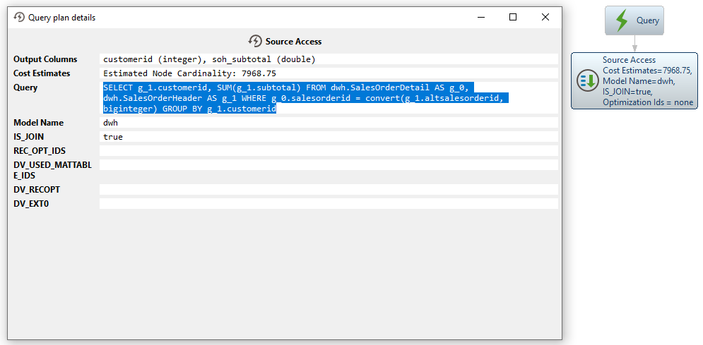 Screenshot showing the Query plan details window with a Source Access node displaying a join query cost estimates model name and join enabled status