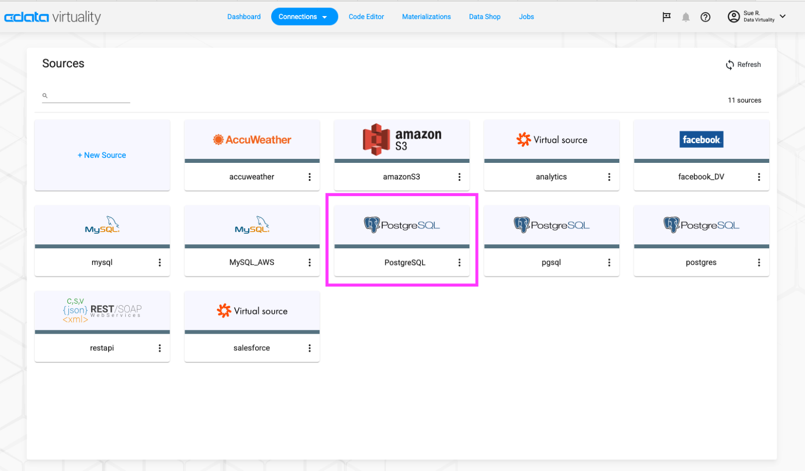 Displays the PostgreSQL data source configured in the system, highlighted within the list of available connections in the Sources view.