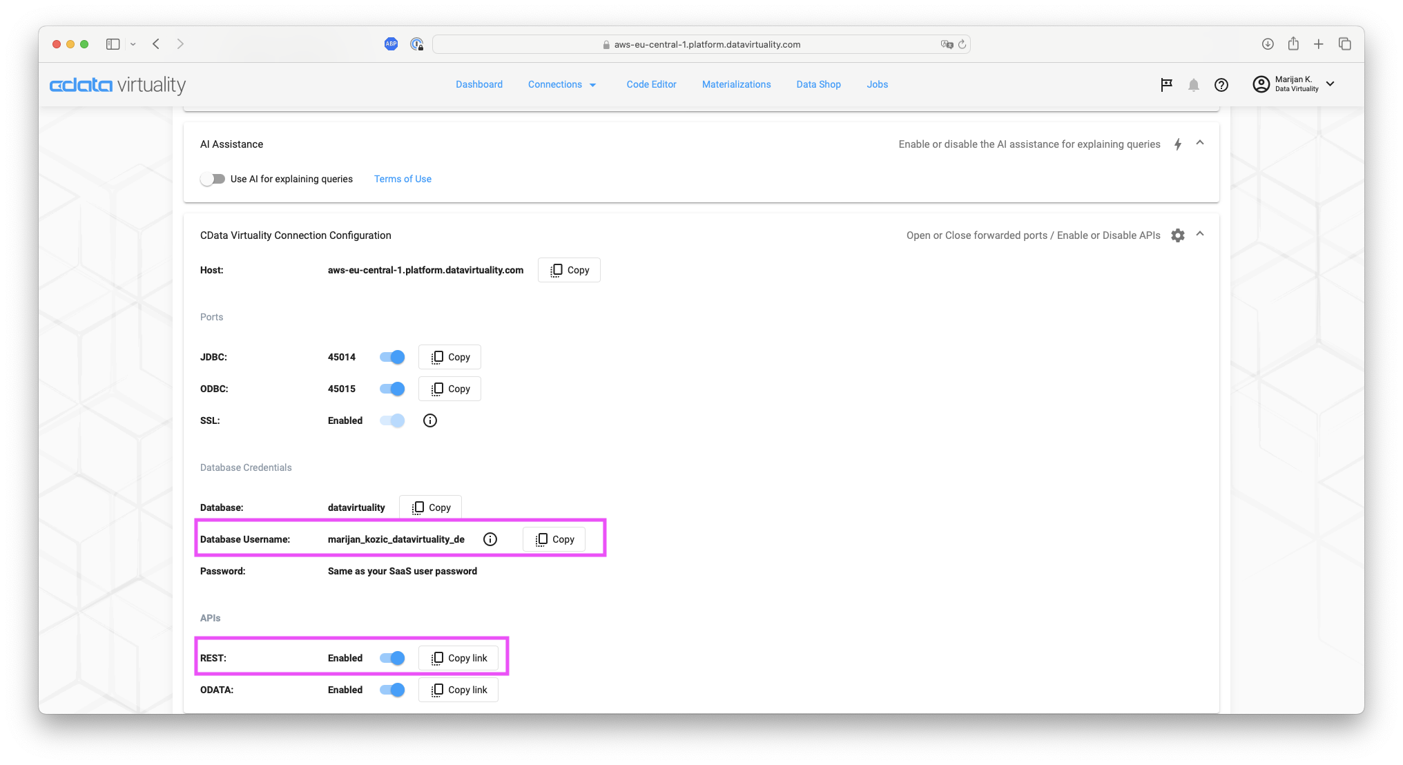 CData Virtuality connection configuration showing host name, JDBC and ODBC ports, database name, highlighted database username, and enabled REST and OData APIs.