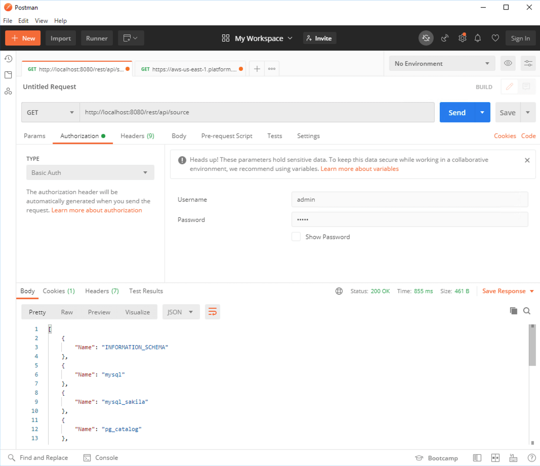 Postman interface showing a GET request to the CData Virtuality REST API endpoint, using basic authentication and returning a JSON response listing available data sources.