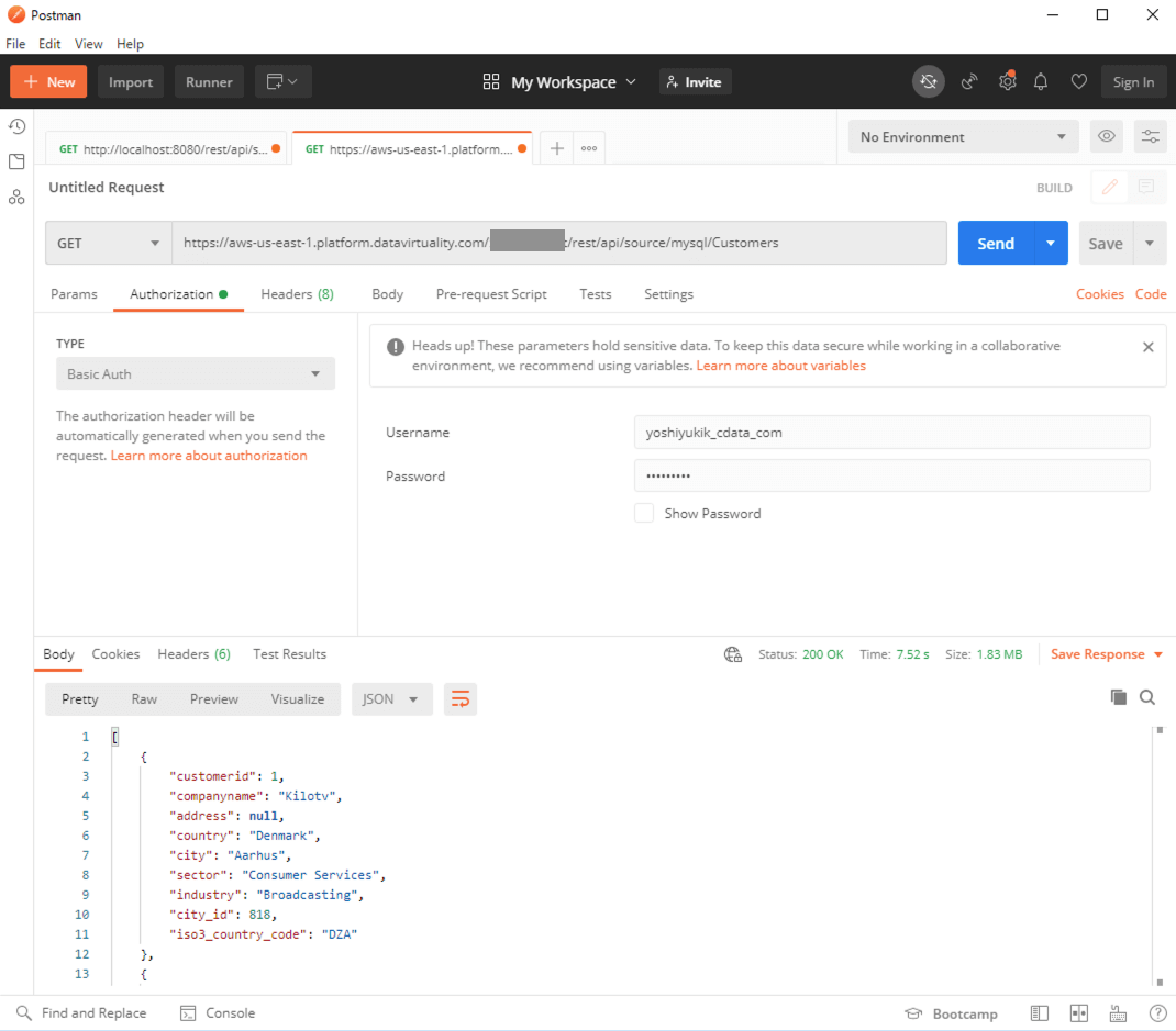 Postman showing a GET request returning customer records from a MySQL source via the CData Virtuality REST API.