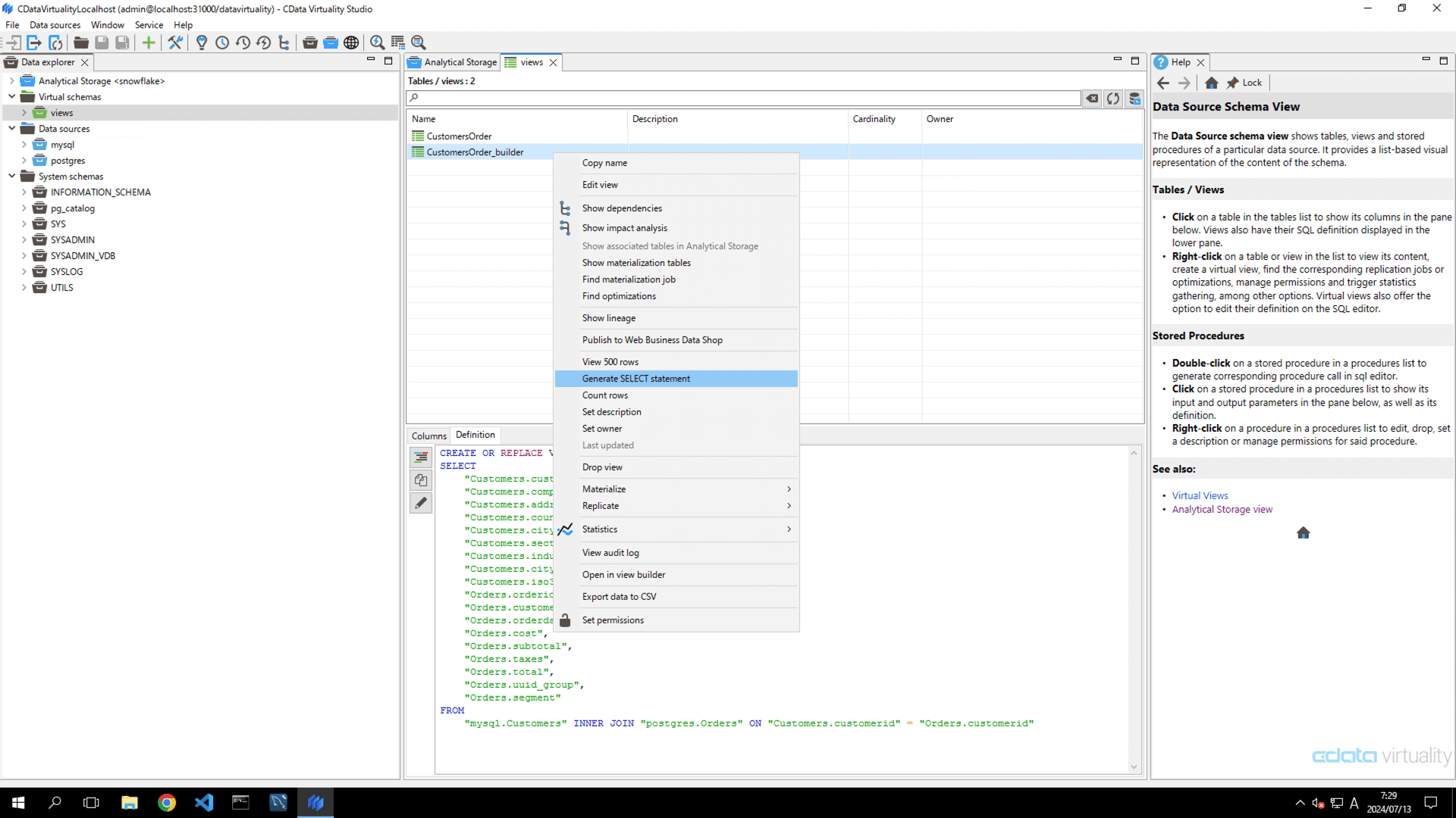 The context menu for the CustomersOrder_builder virtual view, showing options such as viewing dependencies, lineage, generating a SELECT statement, materializing the view, and managing permissions.