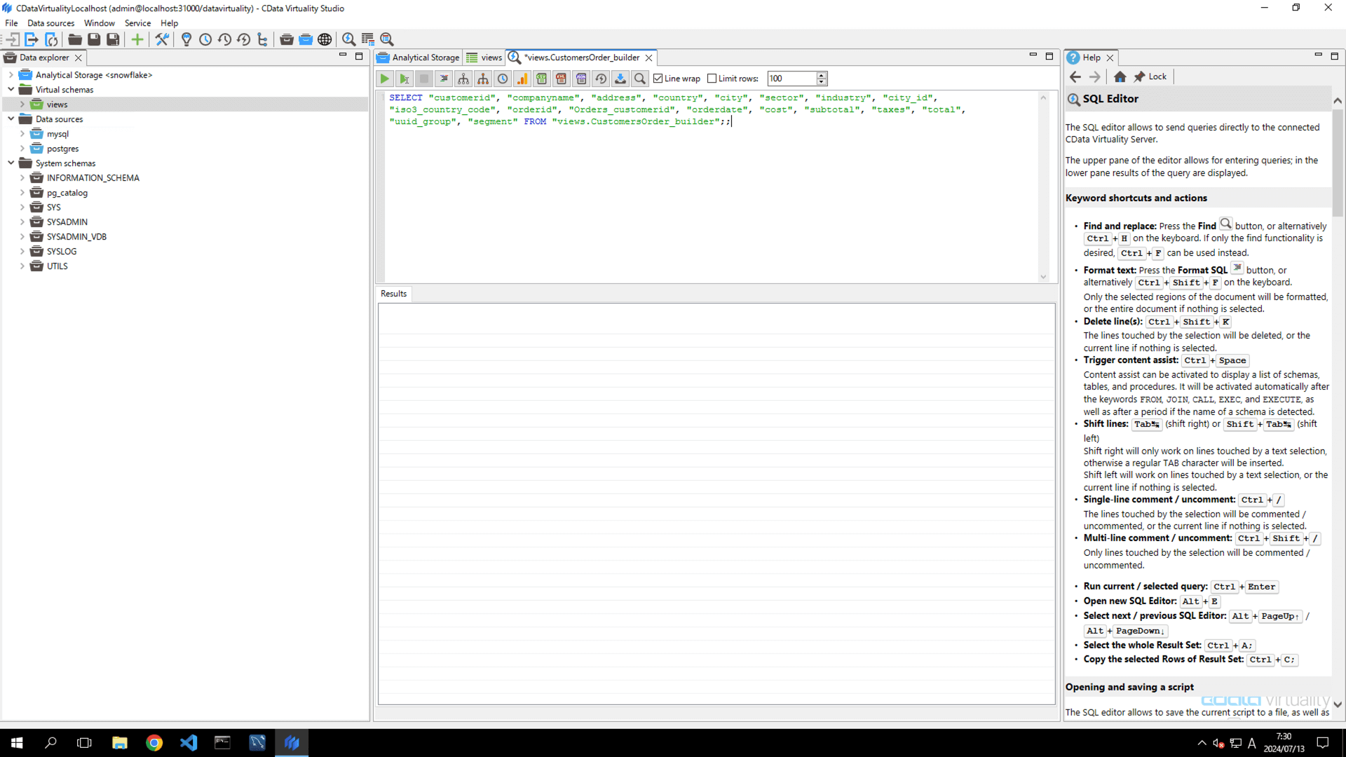 The SQL Editor in CData Virtuality Studio displaying a SELECT query against the views.CustomersOrder_builder virtual view.