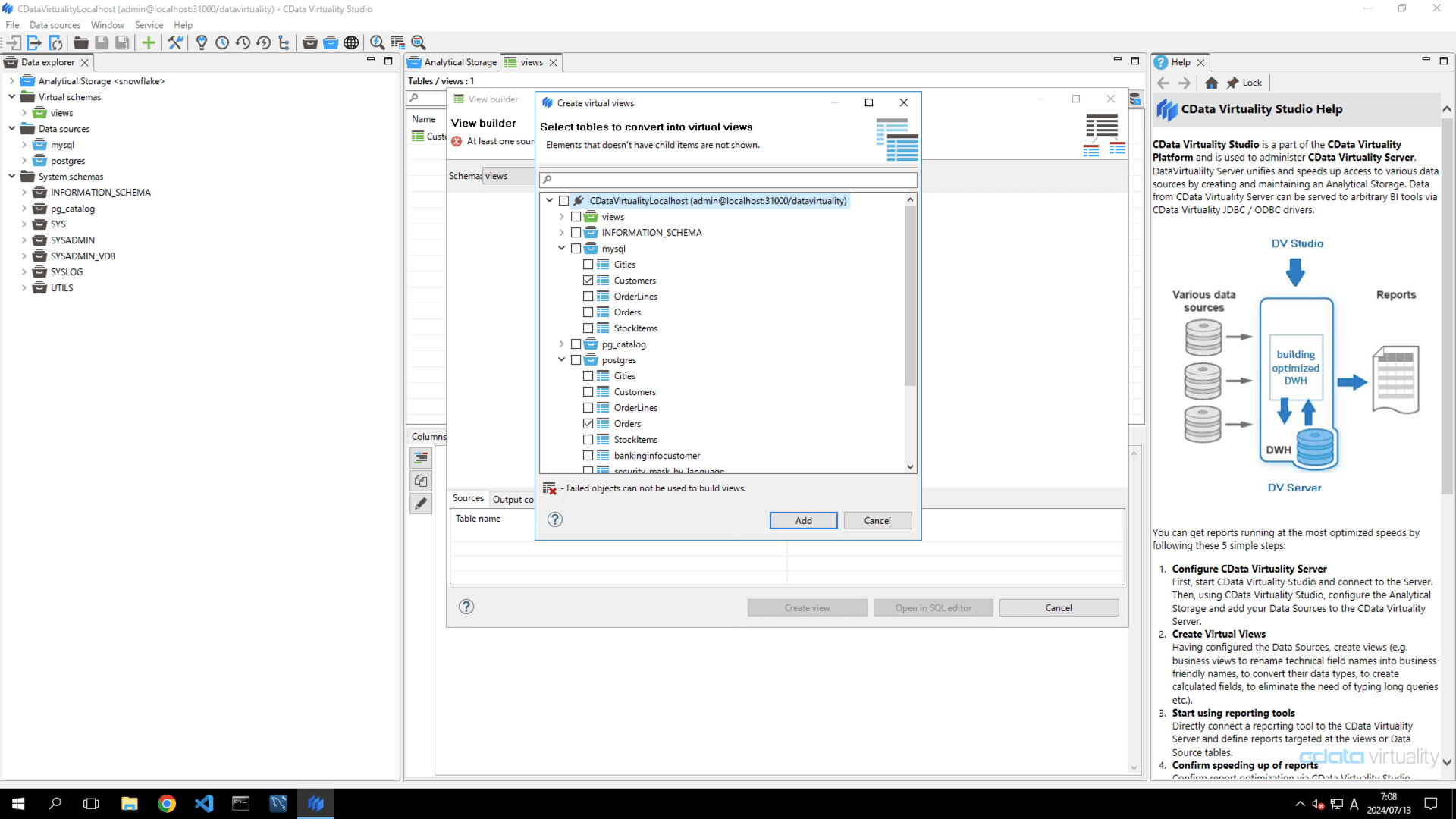 This screenshot shows the table selection dialog where source tables are chosen to create a virtual view.