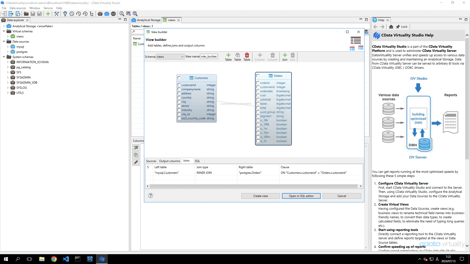 This screenshot shows the completed INNER JOIN between the Customers and Orders tables, based on matching customerid values.