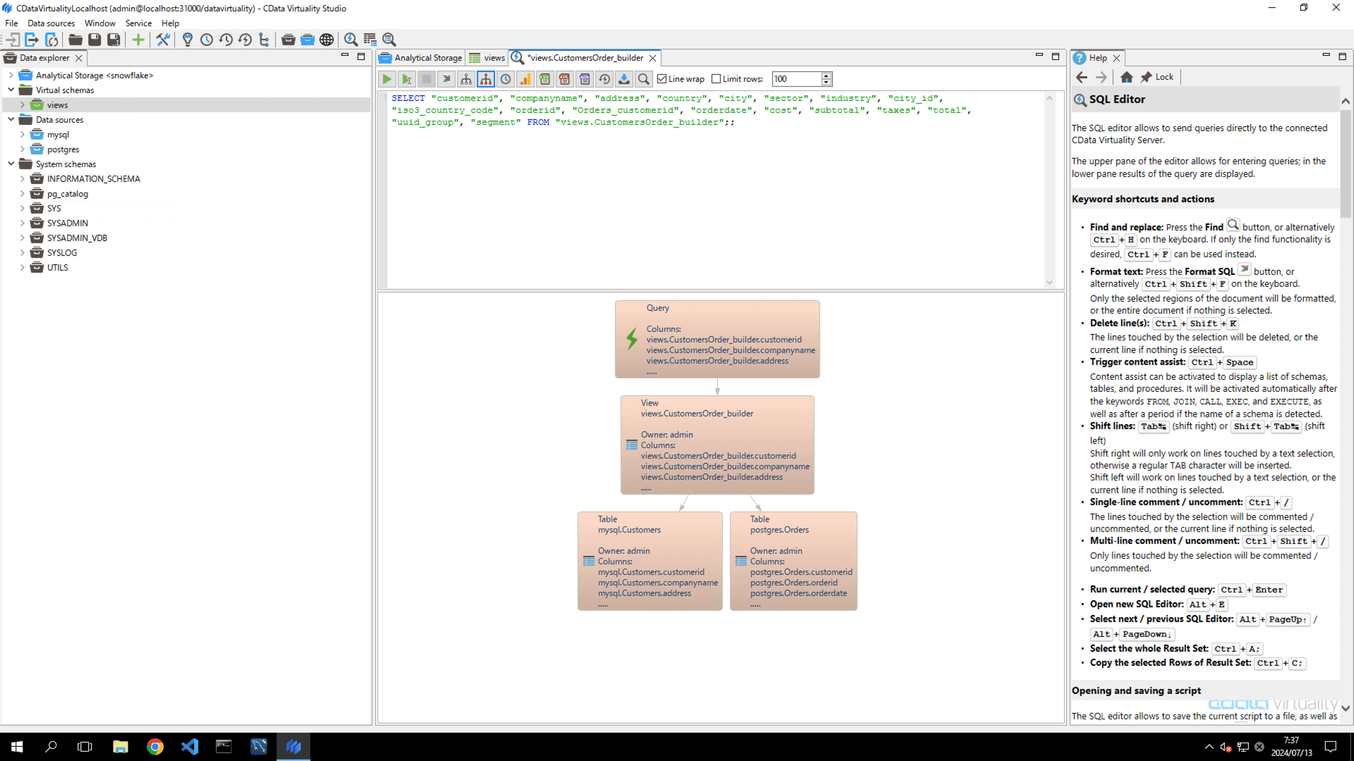 Data lineage diagram for the CustomersOrder_builder virtual view, including the Customers and Orders source tables.