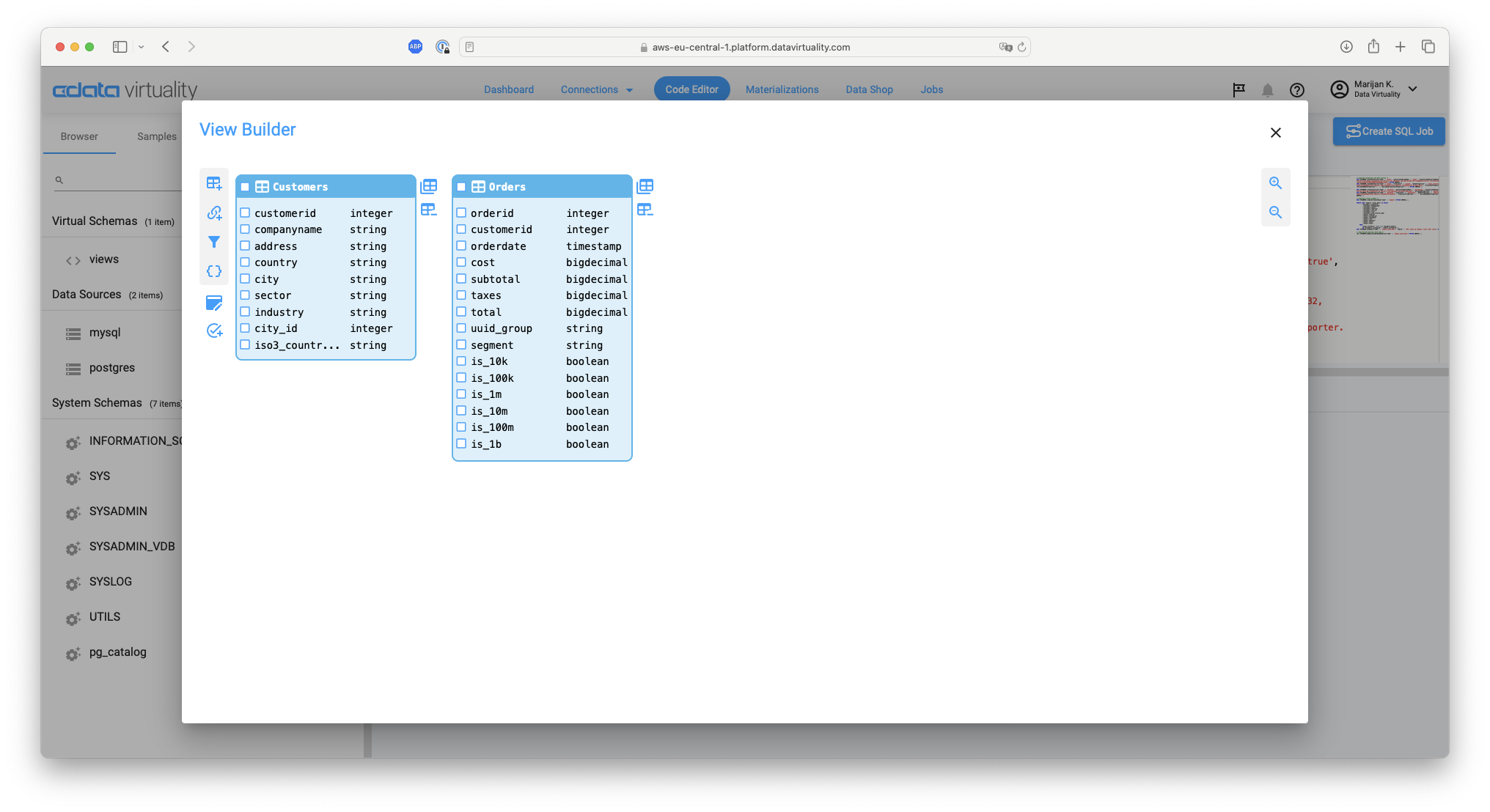 att_6_for_568787028.pngScreenshot showing the view builder canvas with Customers and Orders tables displayed side by side including column names and data types for each table