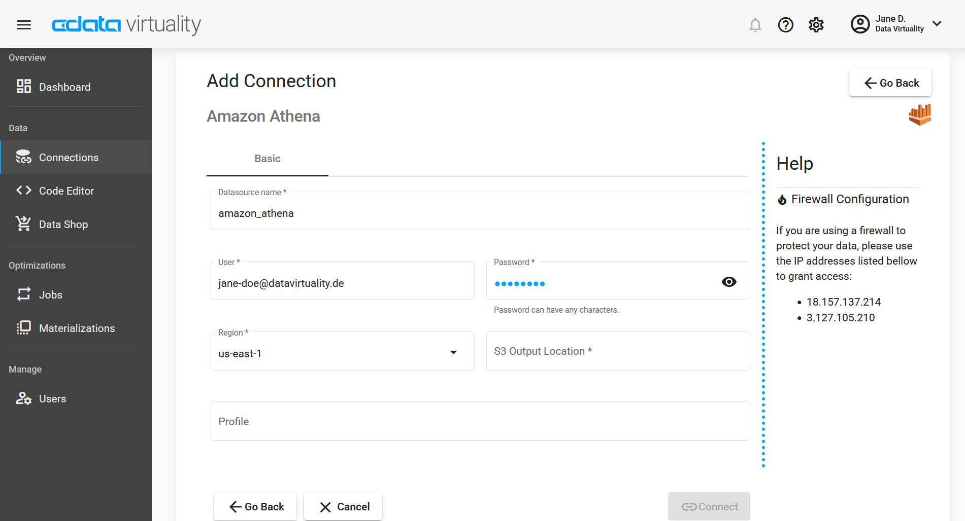 Screenshot of the CData Virtuality Web UI showing the Add Connection form for Amazon Athena, with fields for datasource name, user, password, region, and S3 output location, alongside a help panel with firewall configuration details.