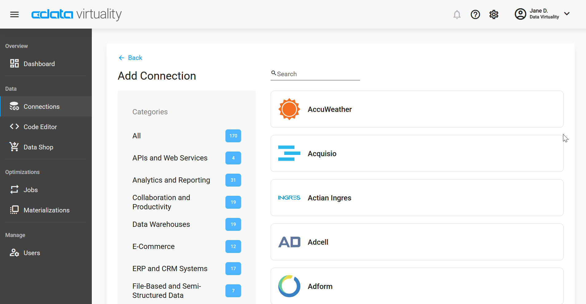 Screenshot of the CData Virtuality Web UI showing the Add Connection page, with categories on the left and available connectors on the right, including AccuWeather, Acquisio, Actian Ingres, Adcell, and Adform.