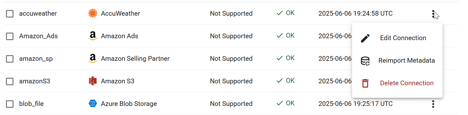 Screenshot of the CData Virtuality Web UI showing connection options opened for AccuWeather, displaying actions to edit the connection, reimport metadata, or delete the connection.