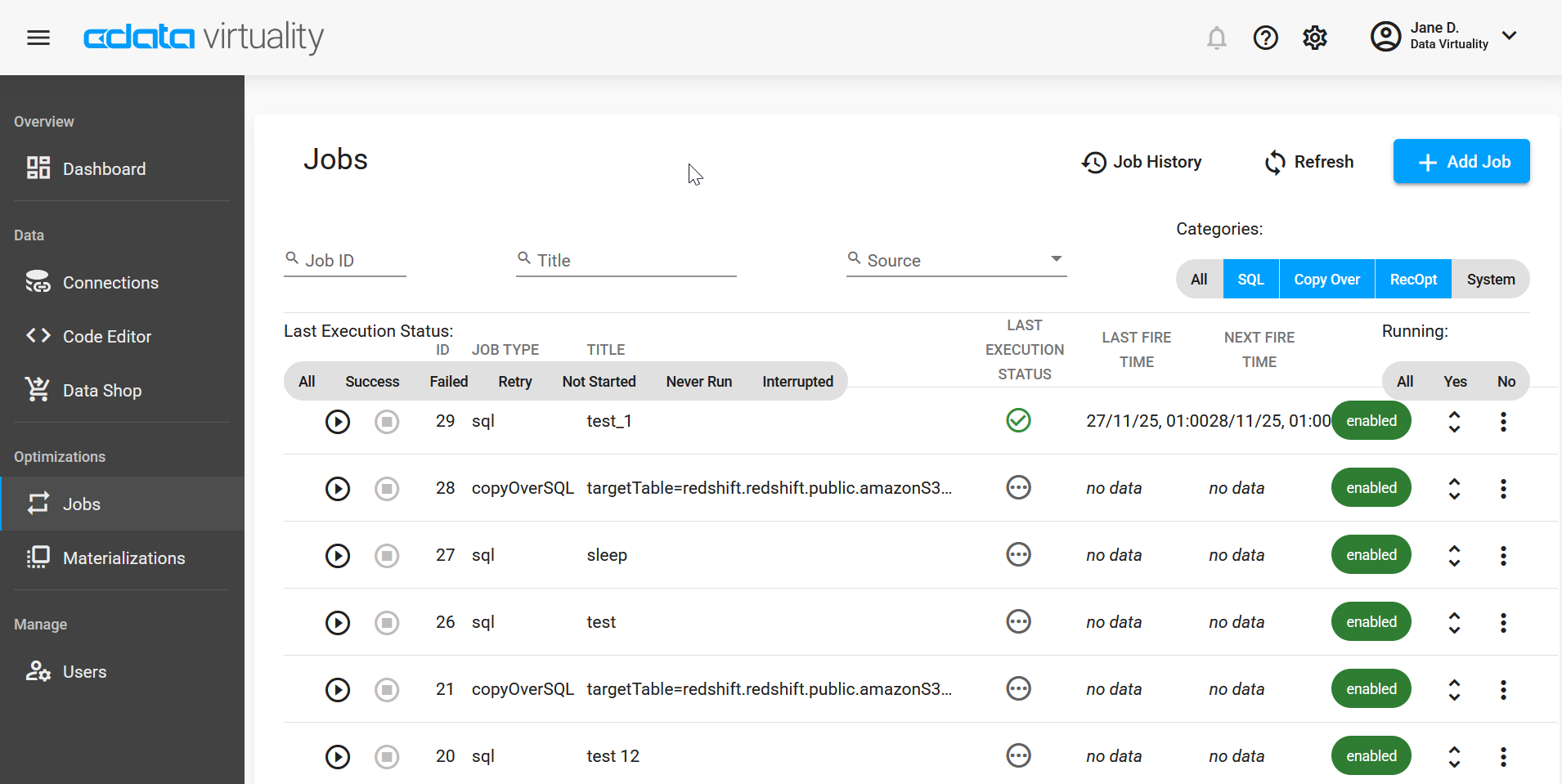 Screenshot of the CData Virtuality Web UI showing the Jobs page with filters for job categories and execution status, listing jobs with their IDs, types, titles, run status, next fire times, and enabled indicators.