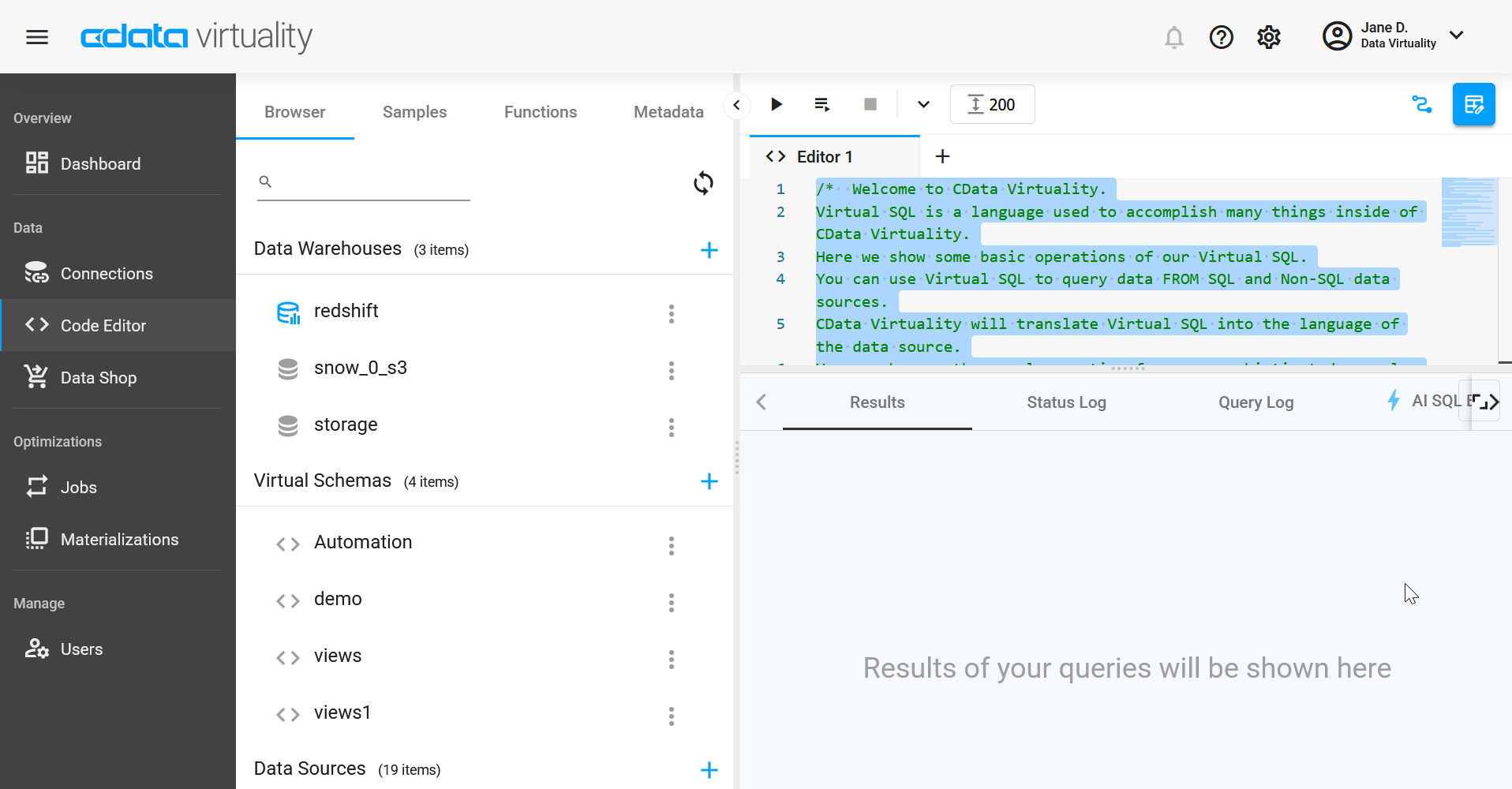 Screenshot of the CData Virtuality Web UI showing the Code Editor with highlighted Virtual SQL examples, alongside the Browser tab listing data warehouses, virtual schemas, and data sources.