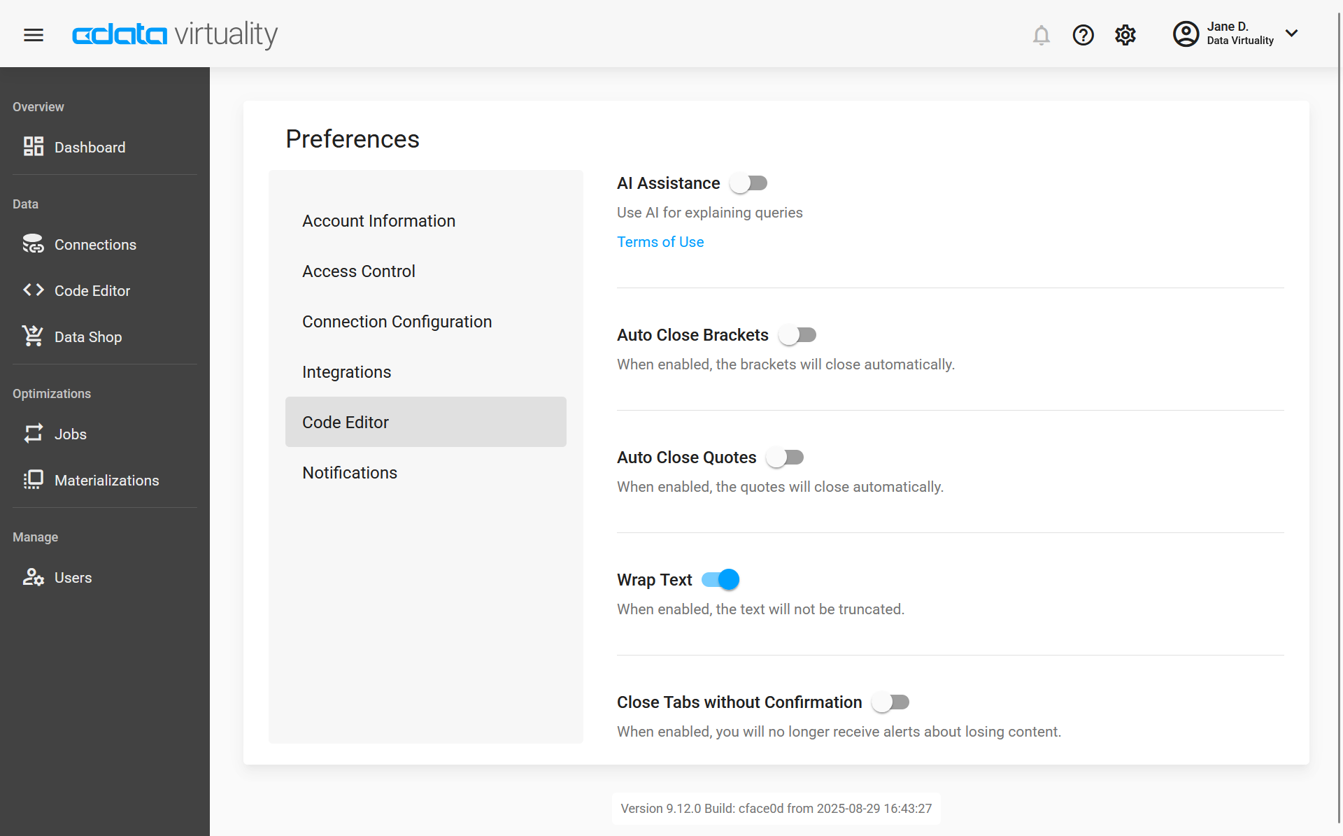 Screenshot of the CData Virtuality Web UI showing the Preferences page with the Code Editor section selected, displaying options such as AI Assistance, Auto Close Brackets, Auto Close Quotes, Wrap Text, and Close Tabs without Confirmation.