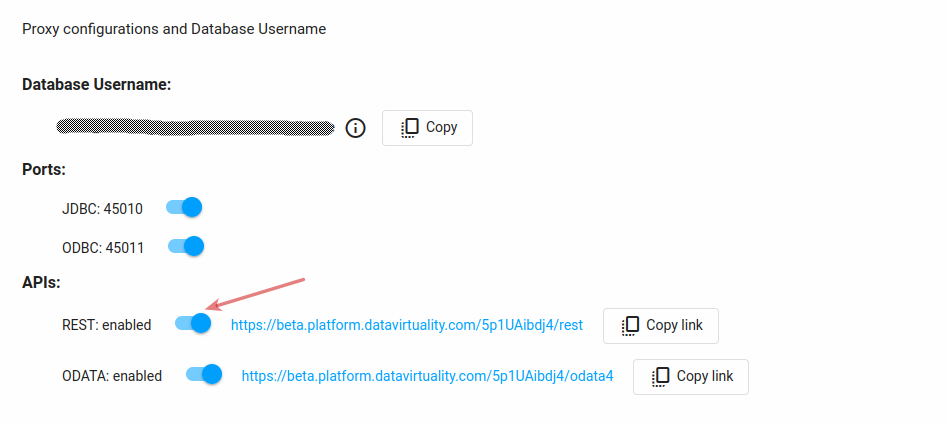 Shows database username, JDBC and ODBC ports, and enabled REST and OData APIs with options to copy access links.
