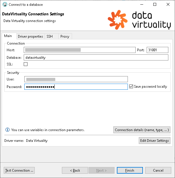 DBeaver Data Virtuality connection settings dialog showing host and port 31001, database datavirtuality, user credentials, optional SSL setting, and buttons for testing and finishing the connection.