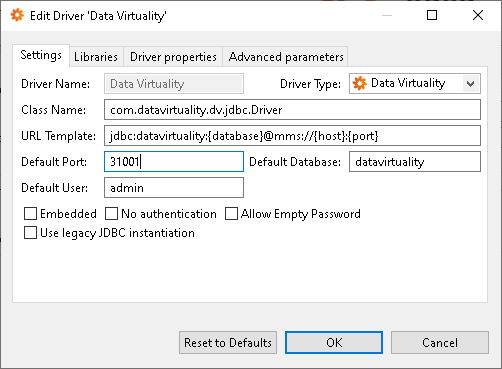 DBeaver Edit Driver Data Virtuality window showing driver settings with class name com.datavirtuality.dv.jdbc.Driver, JDBC URL template, default port 31001, default database datavirtuality, and default user admin.