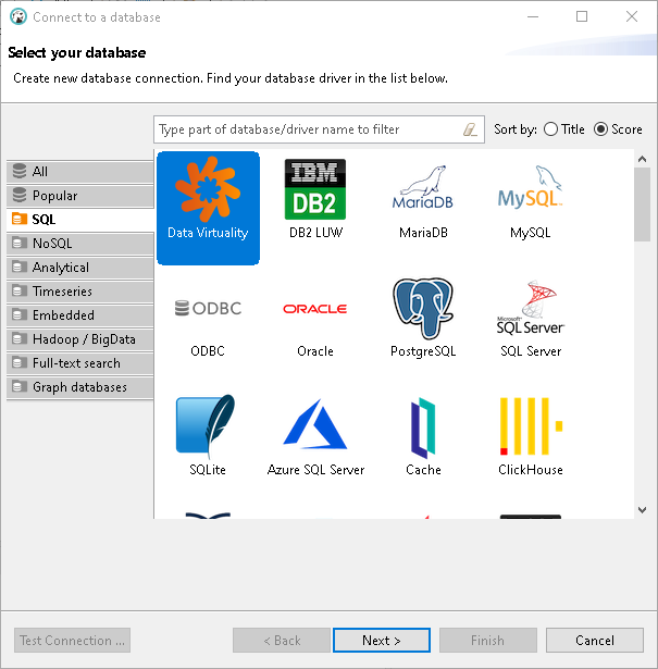 DBeaver database connection dialog showing available database drivers, with Data Virtuality selected among SQL options.