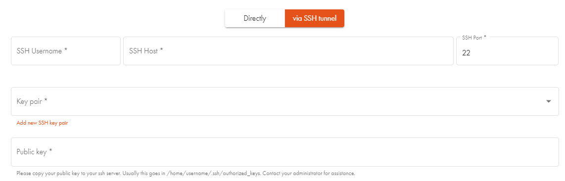 SSH tunnel configuration form in the CData Virtuality Web UI with fields for SSH username, host, port, key pair selection, and public key.