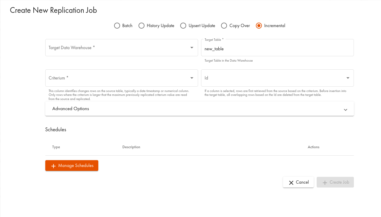 Screenshot showing the Create New Replication Job page in the CData Virtuality Web UI with Incremental selected and fields for target data warehouse target table replication criterion and schedules