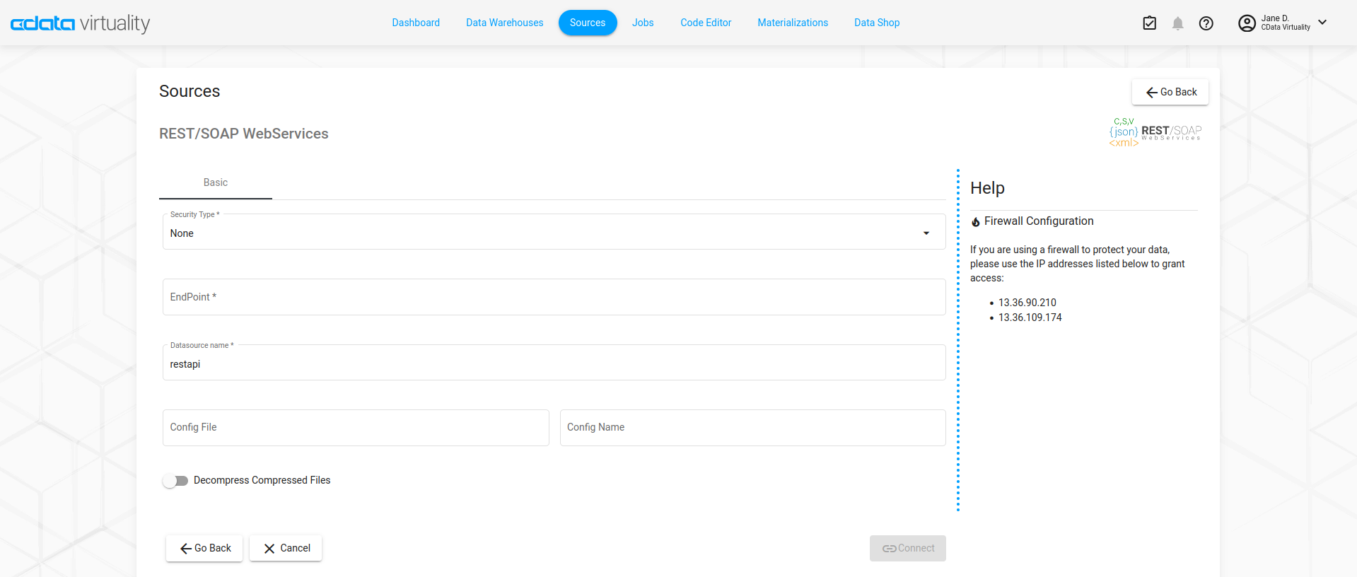 This page shows the configuration settings for connecting REST or SOAP based web services as data sources, including security type, endpoint definition, data source name, optional configuration files, and file decompression options, along with firewall access information.