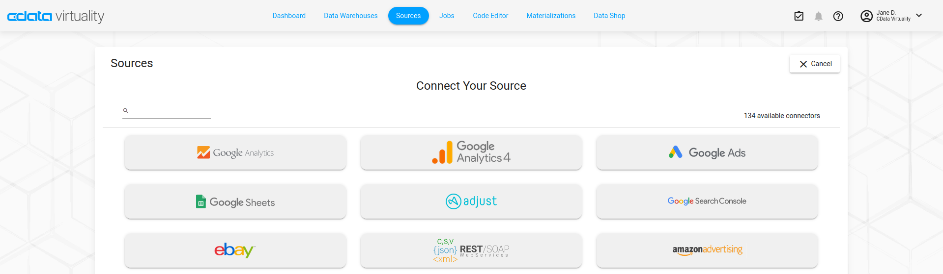 This page displays the available web service connectors that can be used to integrate external applications and online services, such as analytics platforms, advertising tools, spreadsheets, and REST or SOAP based services, as data sources within CData Virtuality.