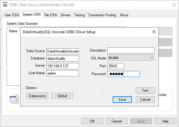 DataVirtualitySQL Unicode ODBC Driver Setup dialog showing connection fields for data source name, server address, database, port, user name, and password.