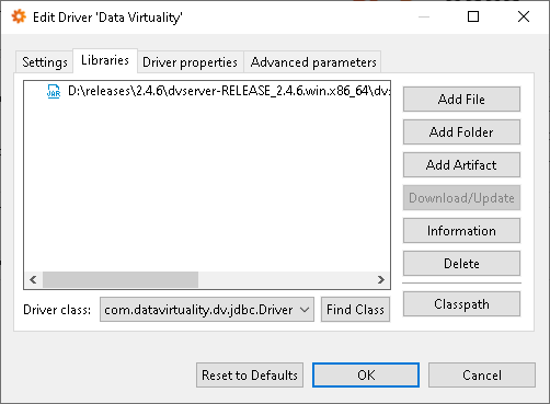 DBeaver 'Edit Driver - Data Virtuality' dialog showing the Libraries tab with the JDBC driver file and driver class configuration.