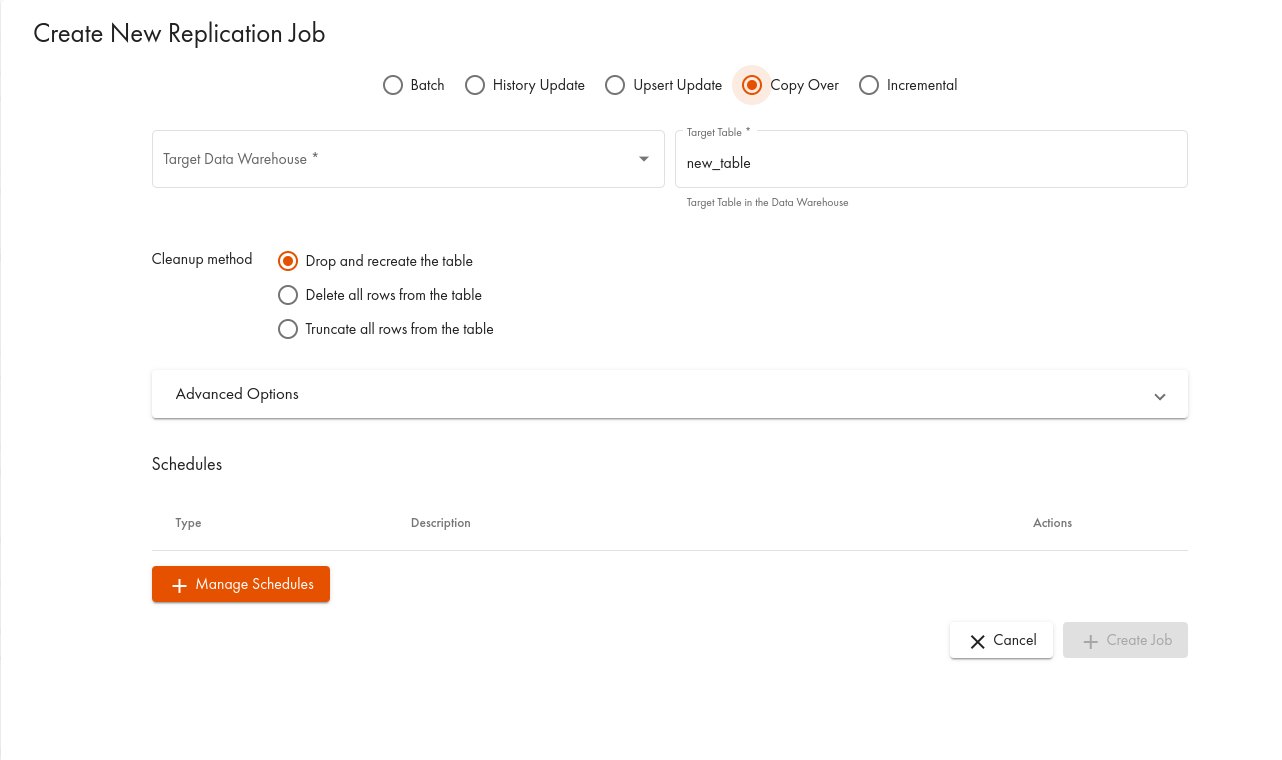 Create New Replication Job screen with Copy Over selected, target table settings, cleanup method options, and schedule section.