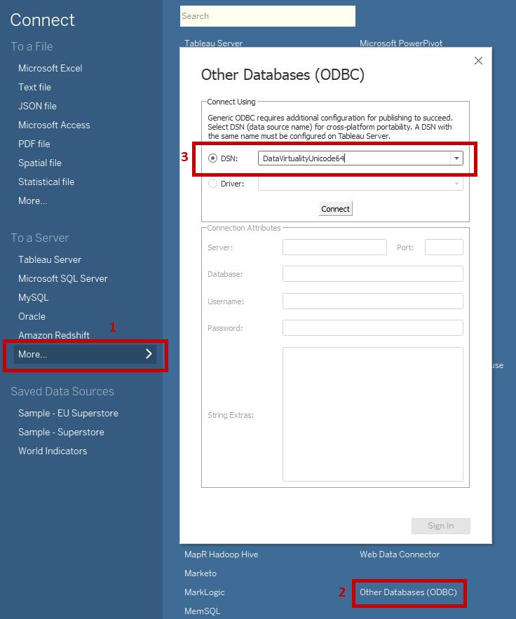 Tableau Desktop connection screen showing selection of Other Databases (ODBC), with a DSN dropdown set to DataVirtualityUnicode64 and fields for ODBC-based database connection.