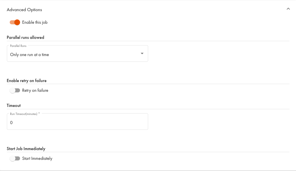 Screenshot showing the Advanced Options section of the Create New Replication Job page in the CData Virtuality Web UI with settings for enabling the job parallel runs retry on failure timeout and start immediately